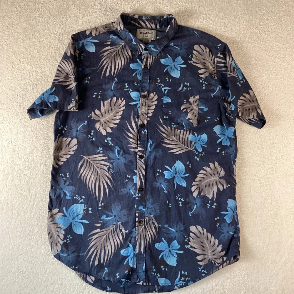 Billabong Mens XL Blue Tropical Floral Palm Leaf‎ Short Sleeve Button Down Shirt